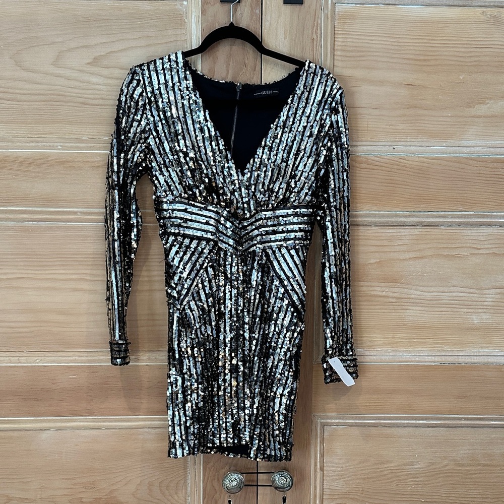 Guess Black and Silver Sequin Long Sleeve Dress